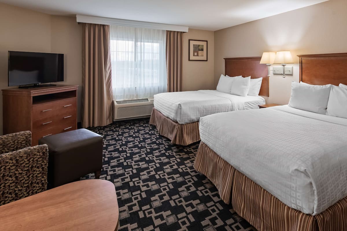 A hotel room with two beds, a TV, a desk, and a patterned carpet.