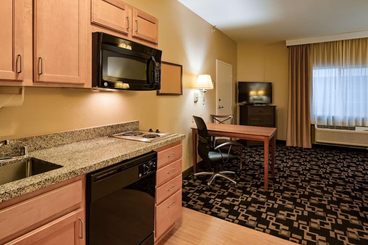 full-sized fridge, microwave, stovetop, dishwasher