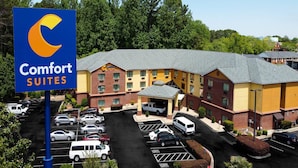 A Comfort Suites hotel with a parking lot, multiple buildings, and a signboard. - Comfort Suites Morrow - Atlanta South (Morrow)
