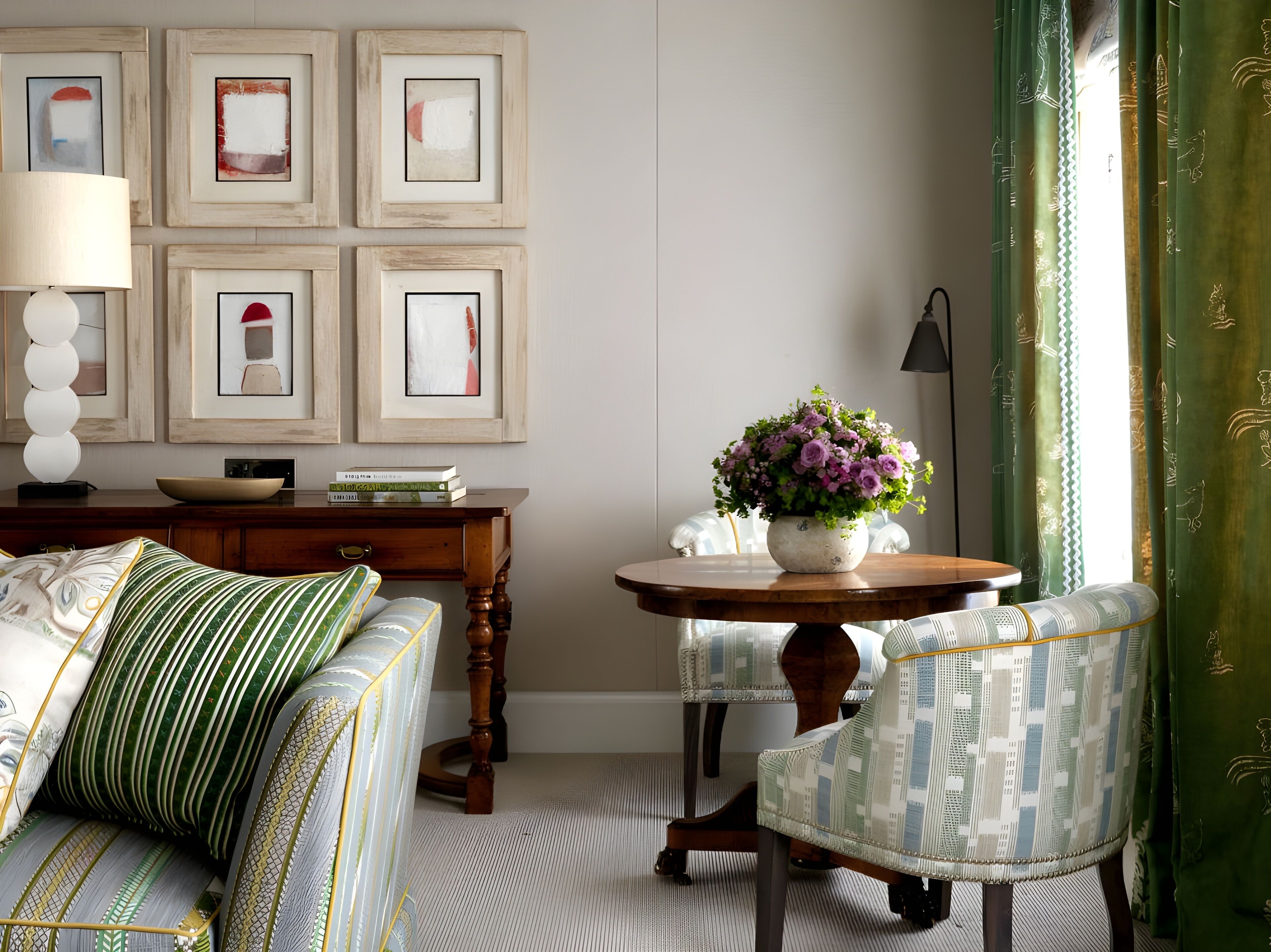 A living room with a sofa, a table with a vase of flowers, framed artwork on the wall, and a lamp.