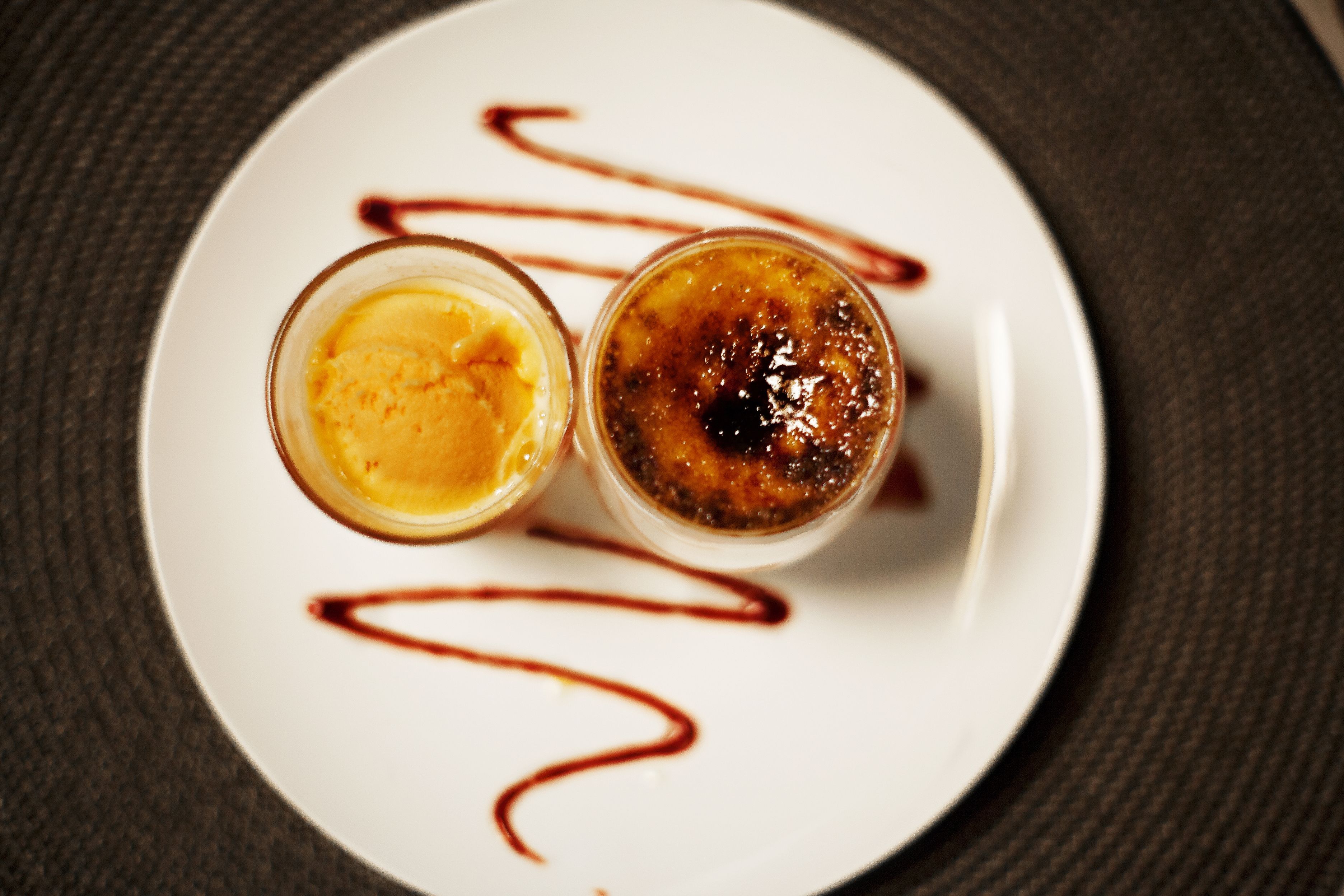 A dessert on a white plate with a dark background.