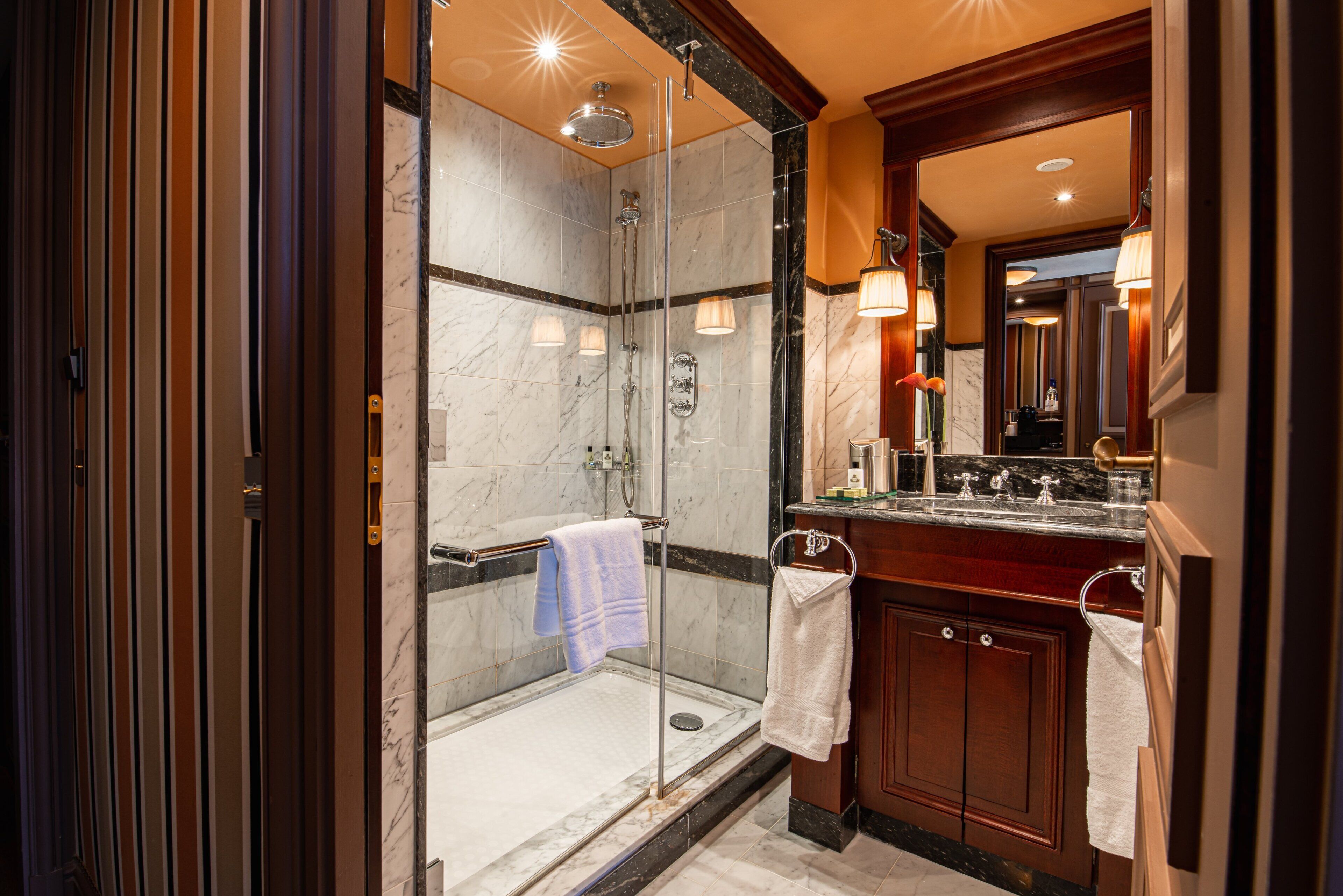 rainfall showerhead, free toiletries, hair dryer, bathrobes