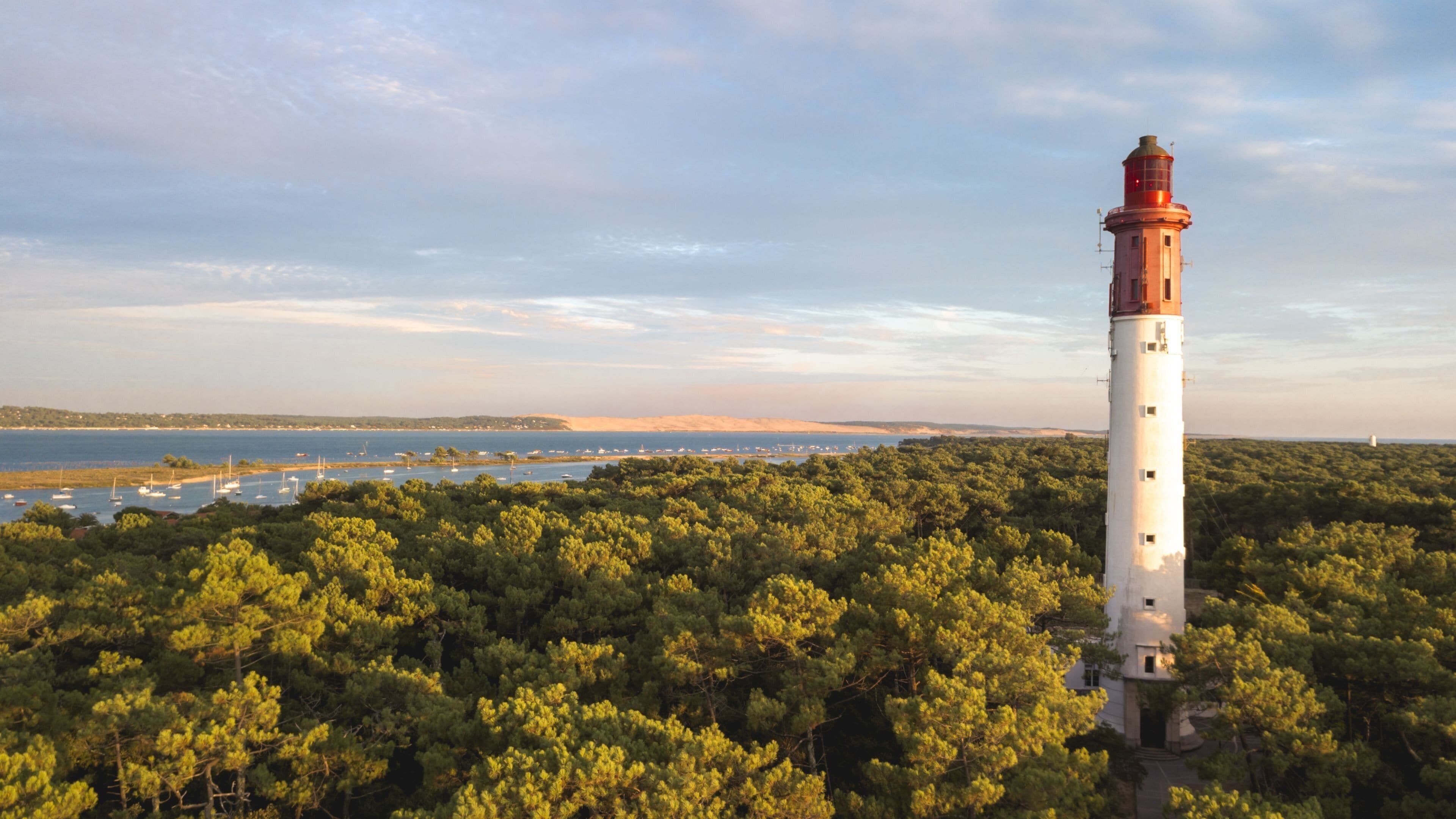 A lighthouse surrounded by dense forest, with a clear view of the sea and distant land in the background.