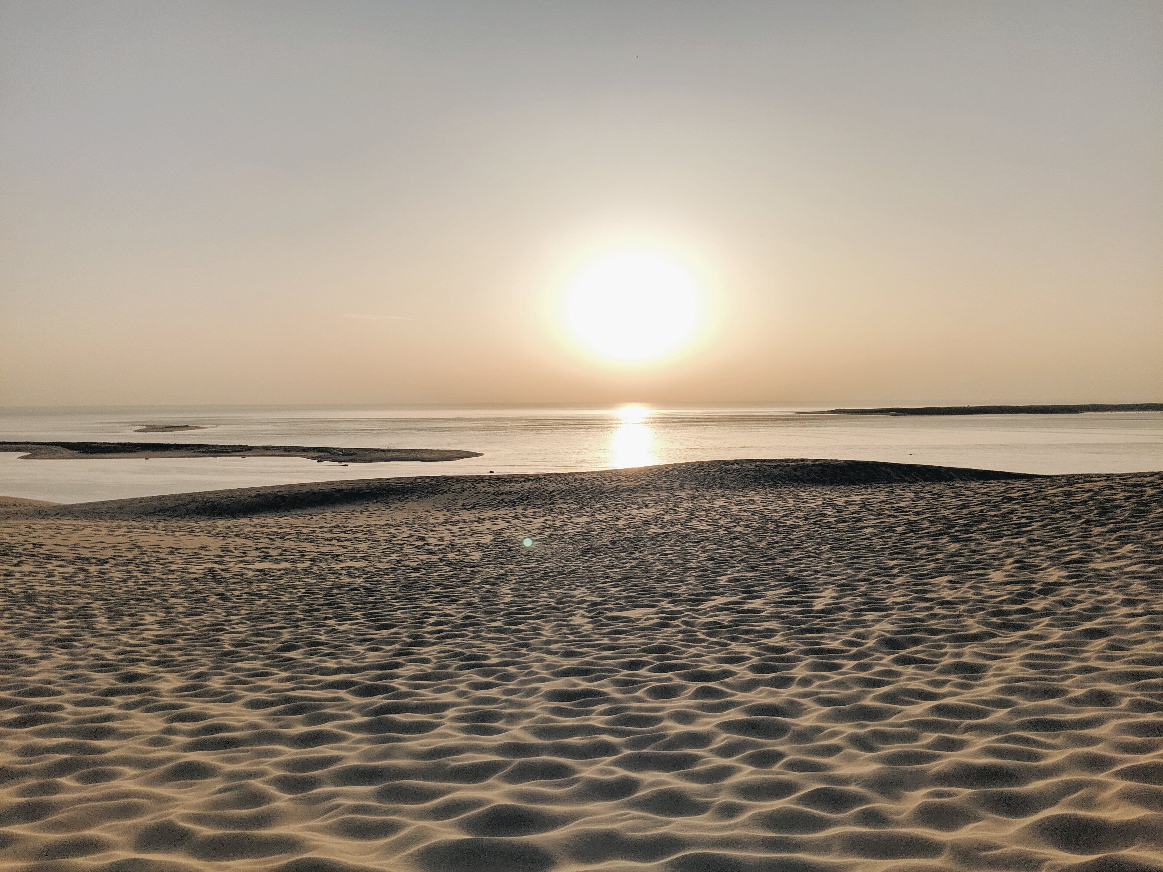 Ein Strand mit Dünen und einem ruhigen Meer.