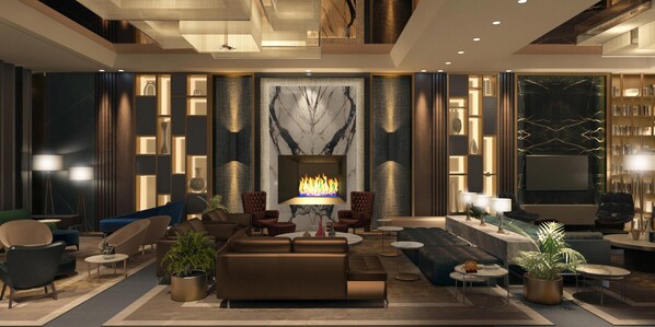 A modern interior with a fireplace, sofas, armchairs, and a bookshelf. - Hilton Istanbul Maslak (Sariyer)