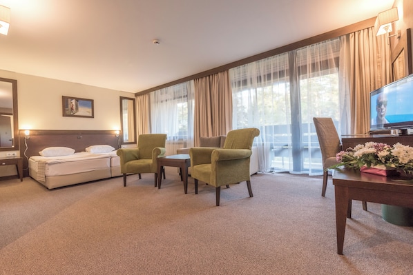 A hotel room with a bed, two armchairs, a small table, a television, and a window with curtains. - Lion Borovetz (Samokov)