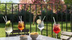 A table with four drinks and a bowl of nuts, set against a backdrop of a garden with pink flowers and a metal railing.