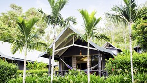 Un edificio moderno con una estructura de techo geométrica singular, rodeado de vegetación exuberante y palmeras.