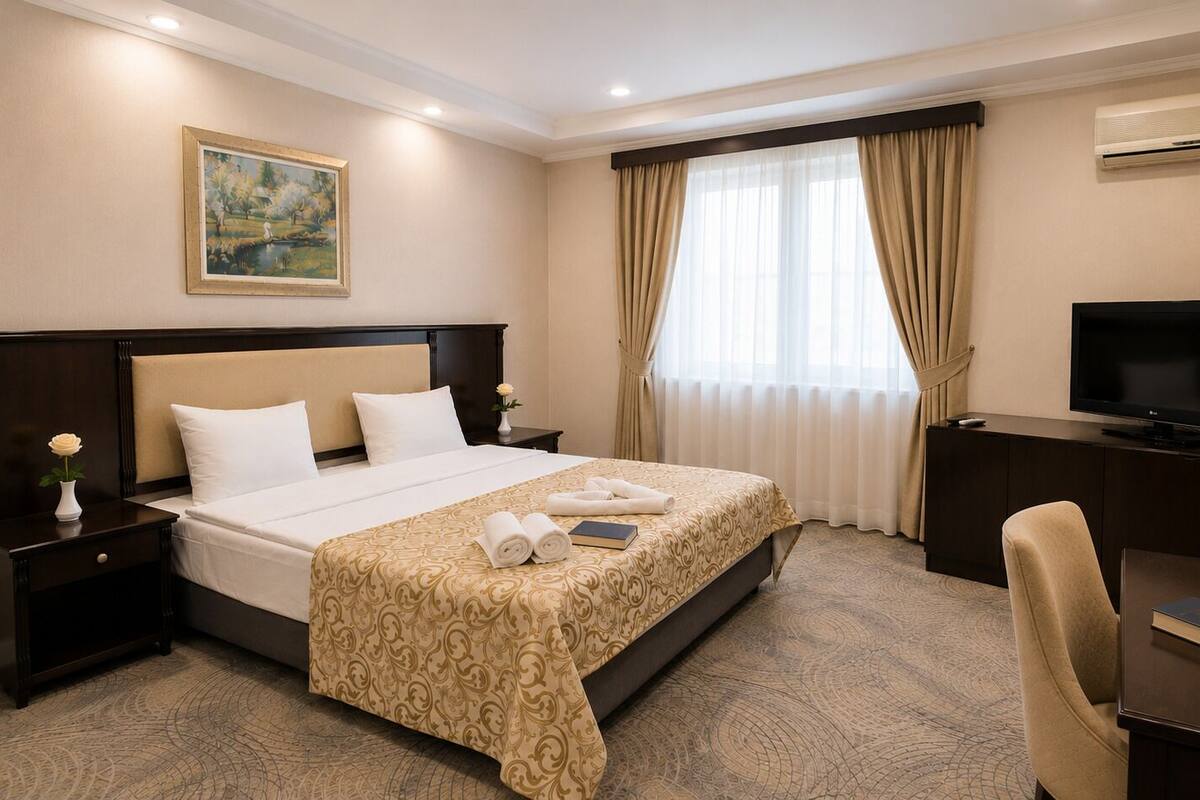 A hotel room with a bed, a desk, a television, and a painting on the wall.