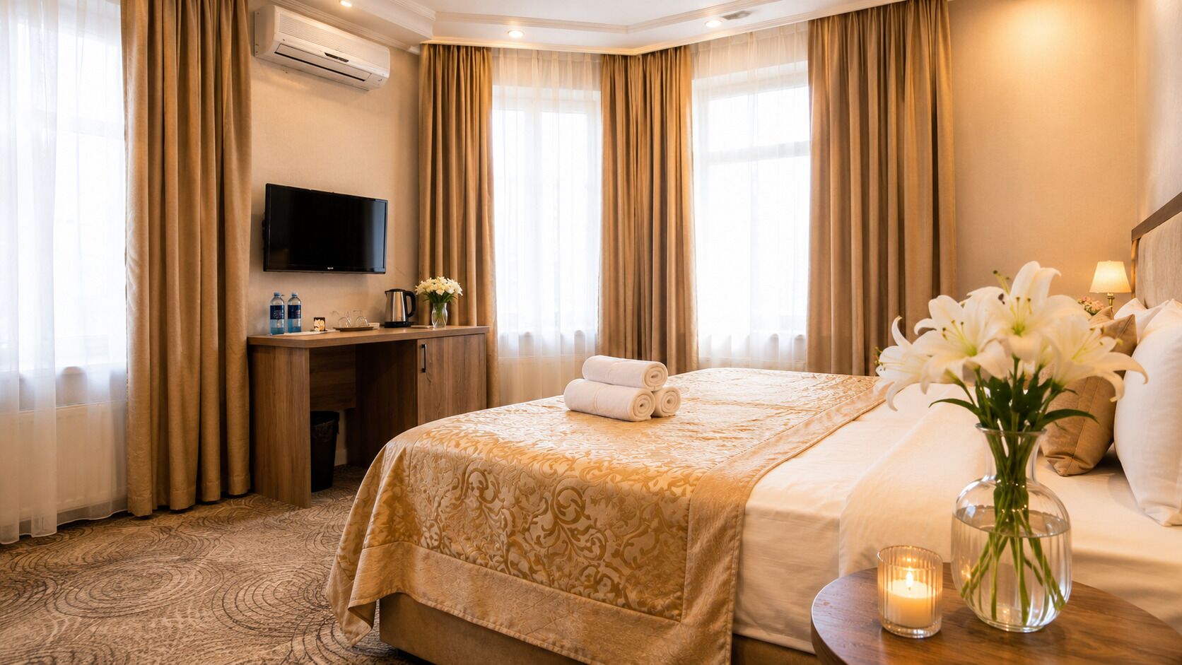A hotel room with a bed, a desk, a television, and a vase of flowers.