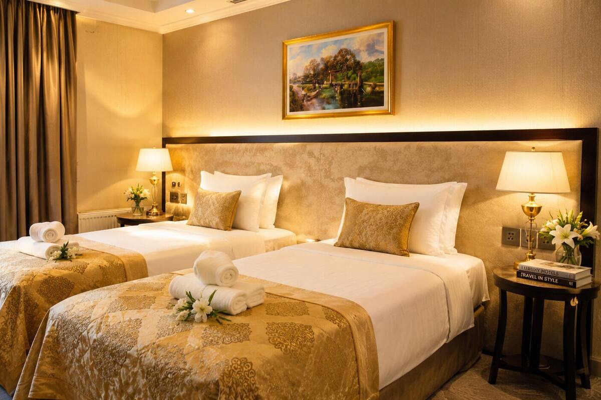 A hotel room with two beds, a painting on the wall, and a nightstand with a lamp and books.