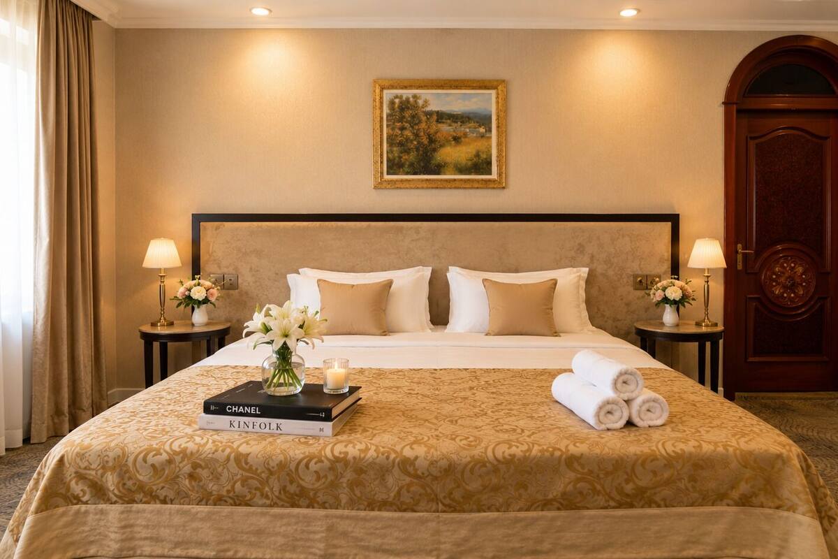 A hotel room with a large bed, two bedside lamps, a vase with flowers, a book titled 'CHANEL KINFOLK,' and rolled towels on the bed.