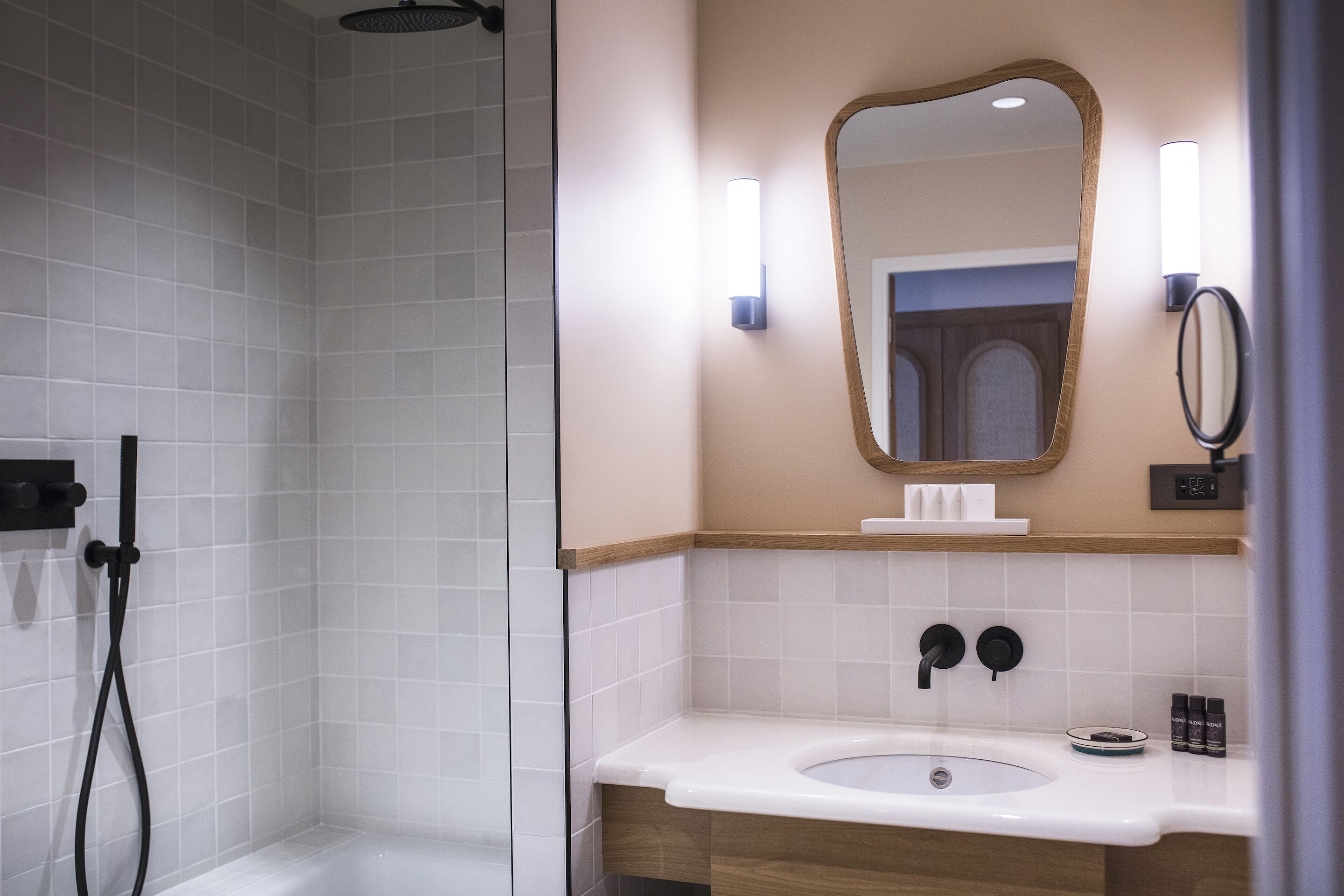 double standard ocean with terrace | bathroom | rainfall showerhead, designer toiletries, hair dryer, bathrobes