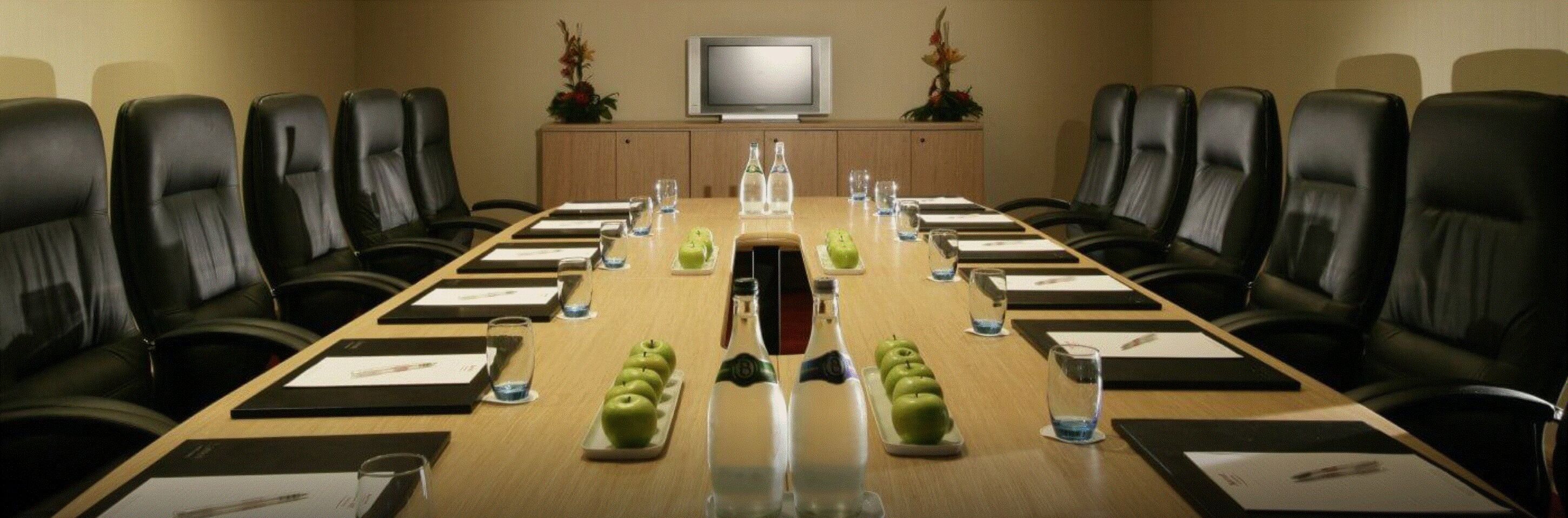 Un salón de conferencias con una larga mesa, sillas de cuero negro, una televisión y plantas decorativas.