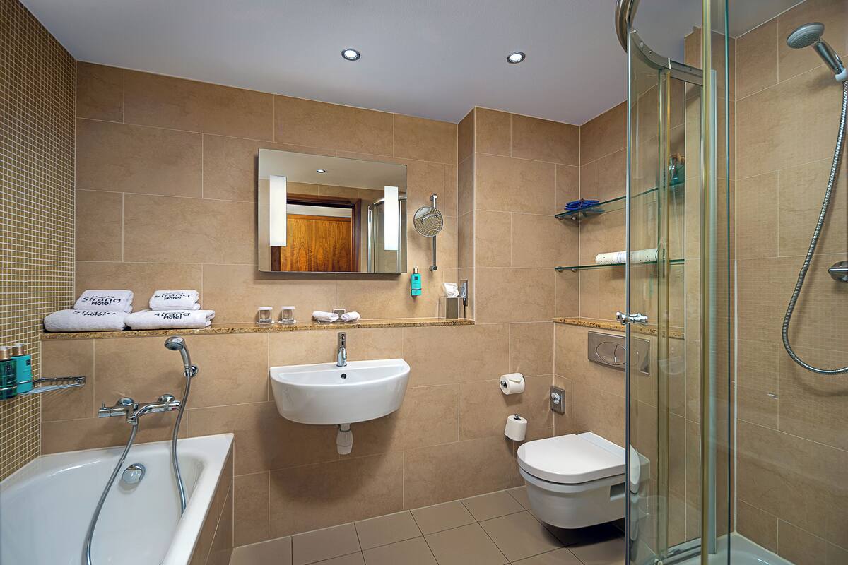 separate bathtub and shower, free toiletries, hair dryer, bathrobes