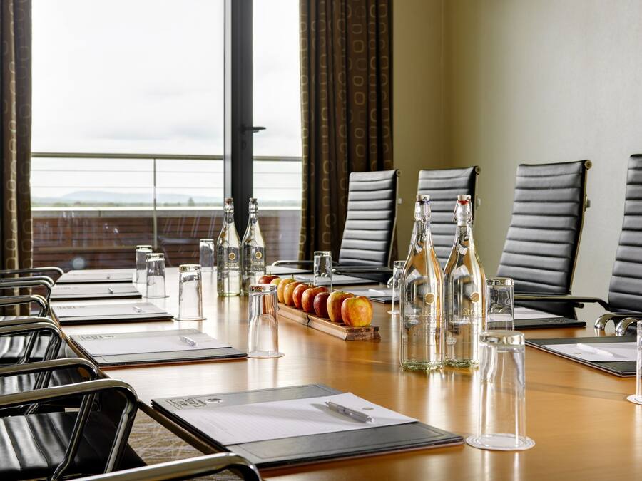 A conference room with a long table, black leather chairs, and a view of the outdoors through large windows.