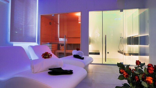 A modern room with a white sofa, a glass door leading to a bathroom, and a vase of red roses. - Hotel Tigullio et de Milan (Santa Margherita Ligure)