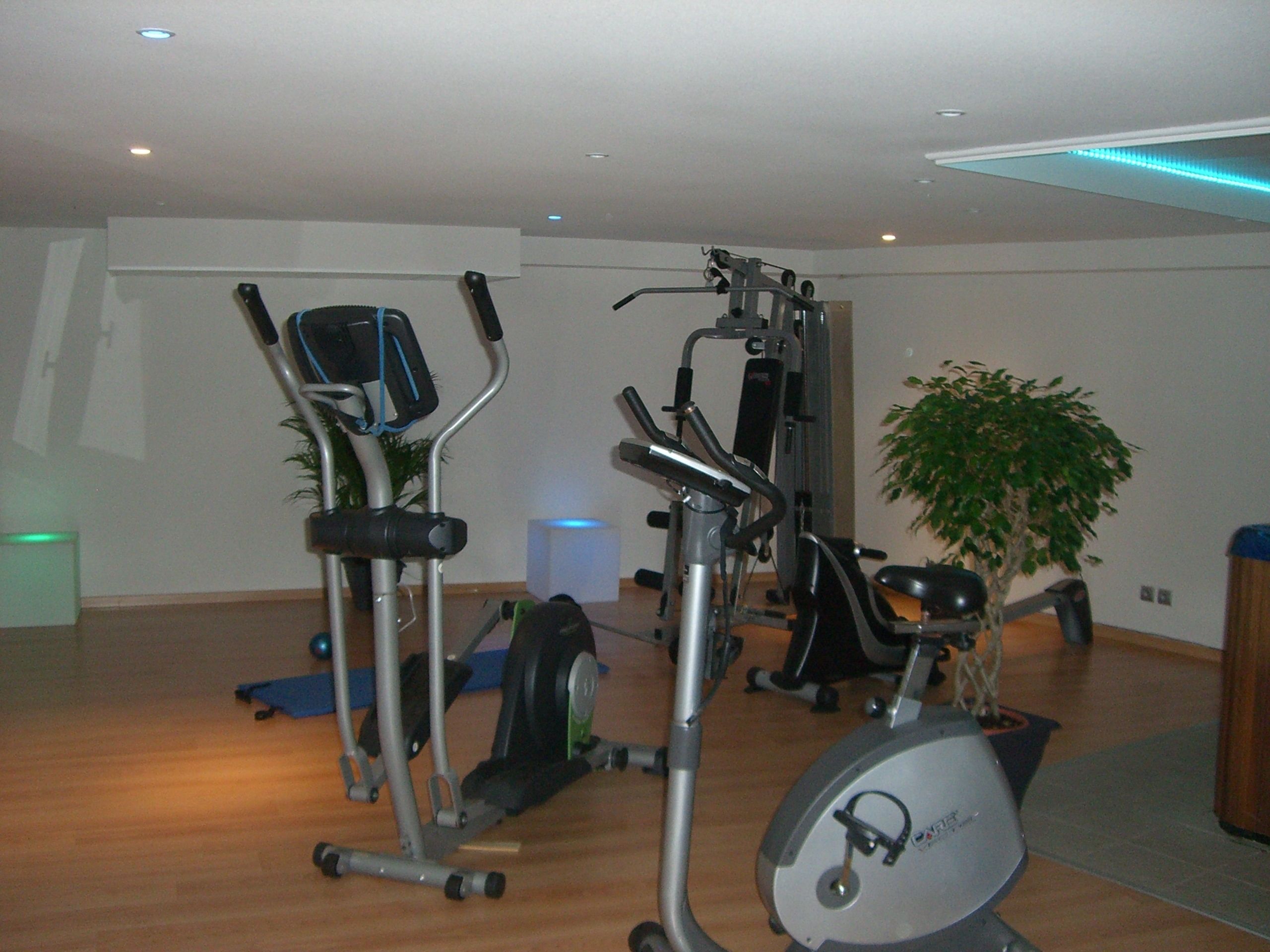 Een sportschool thuis met fitnessapparatuur, waaronder een elliptische trainer, een hometrainer en een krachtapparaat.