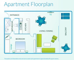 An apartment floorplan with labeled areas including an entrance, bathroom, kitchen, living/dining, bedroom, lounge, balcony, and TV.