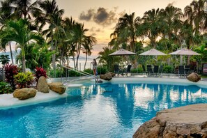 Outdoor pool, pool umbrellas, sun loungers