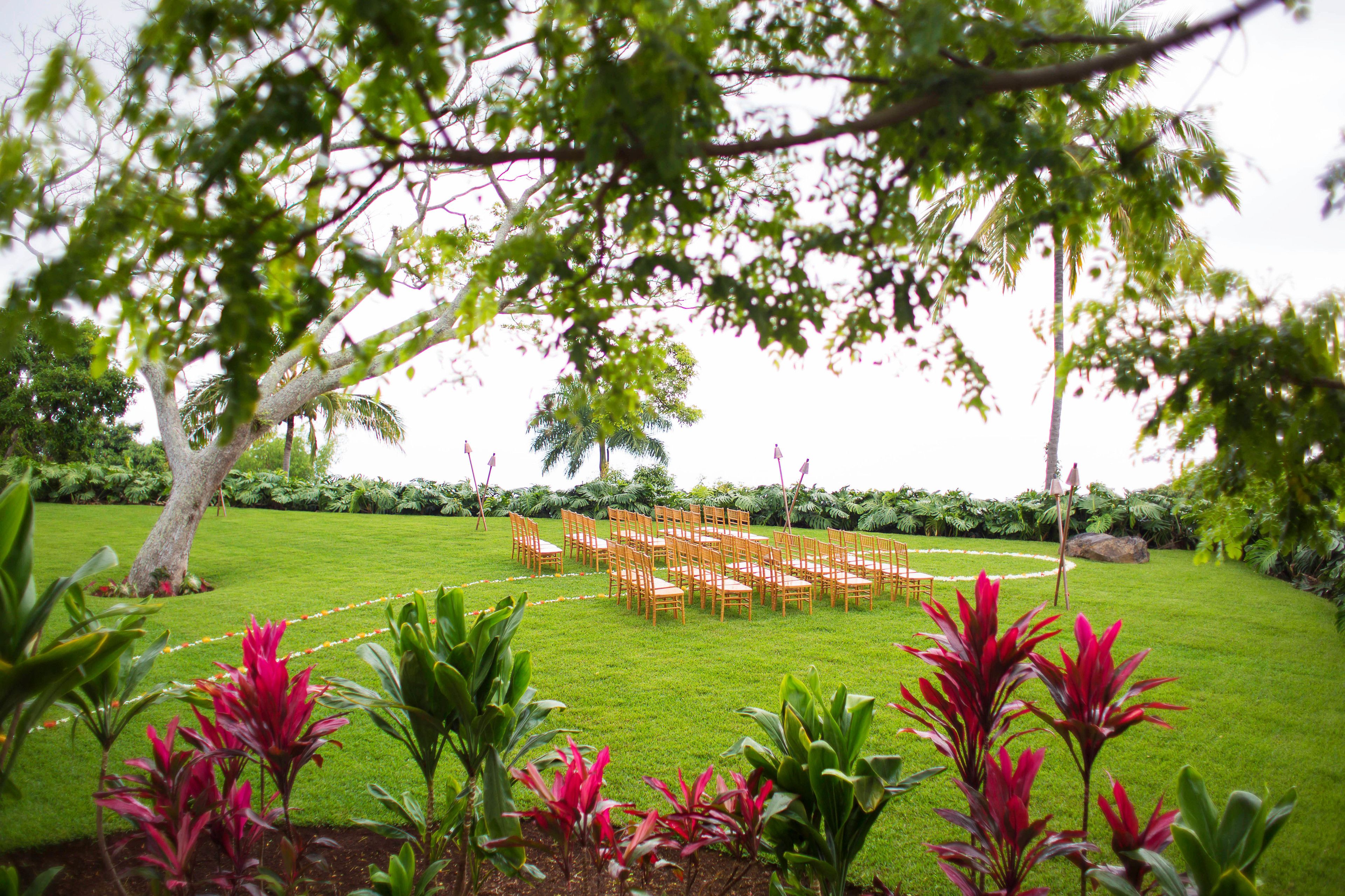 A grassy outdoor area with a circular arrangement of chairs, surrounded by lush greenery and trees.