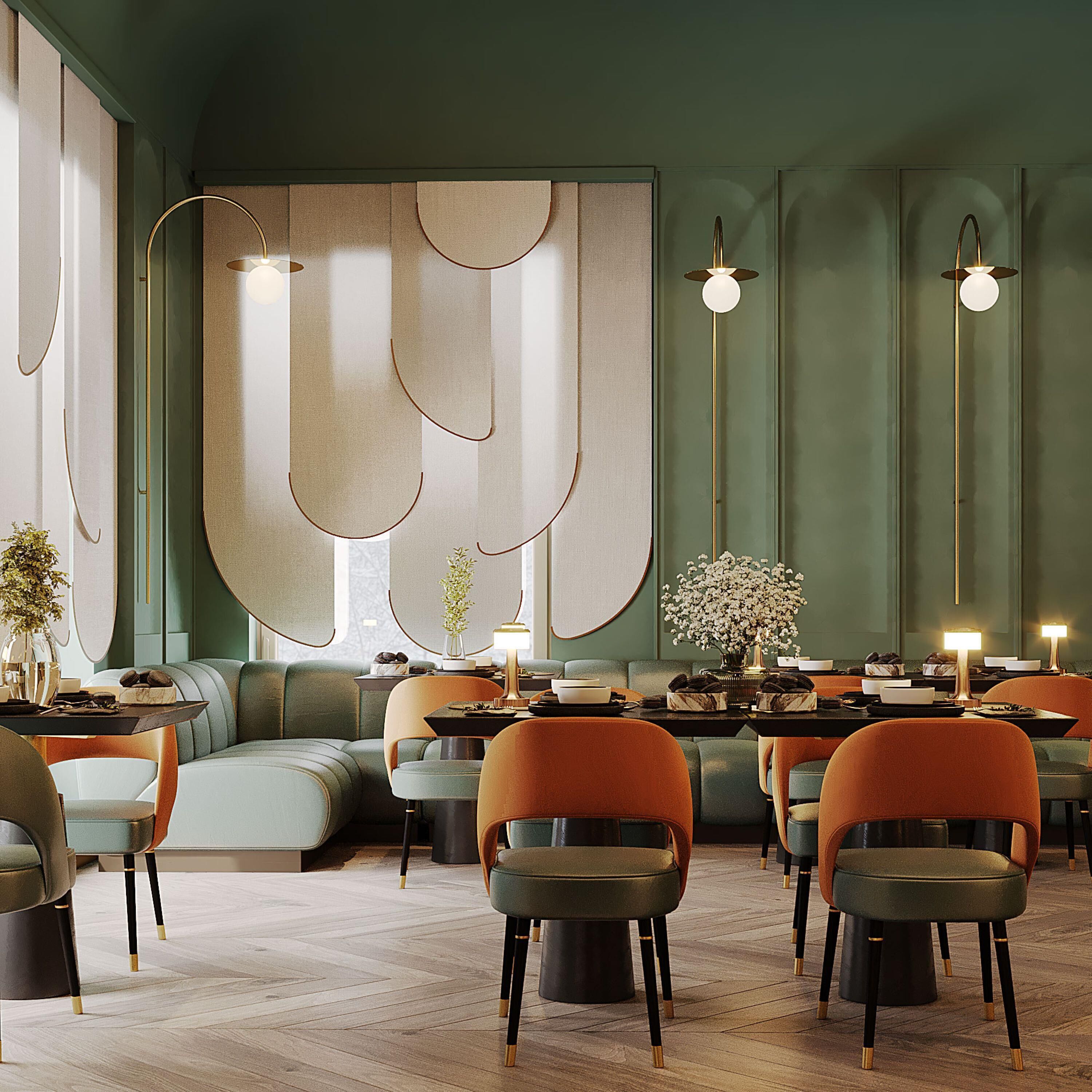 A modern interior with a sectional sofa, dining area, and pendant lighting.