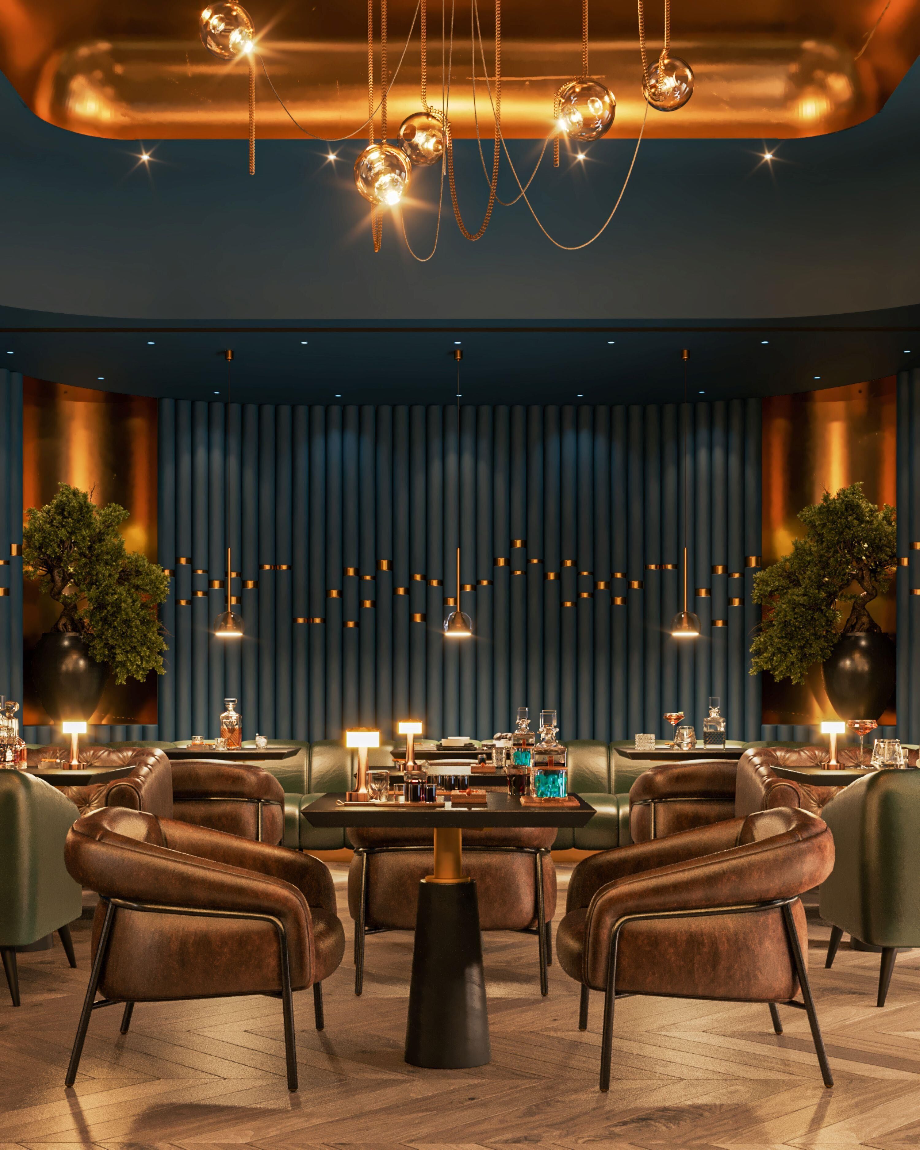 A modern interior with a bar area, leather seating, and decorative lighting.