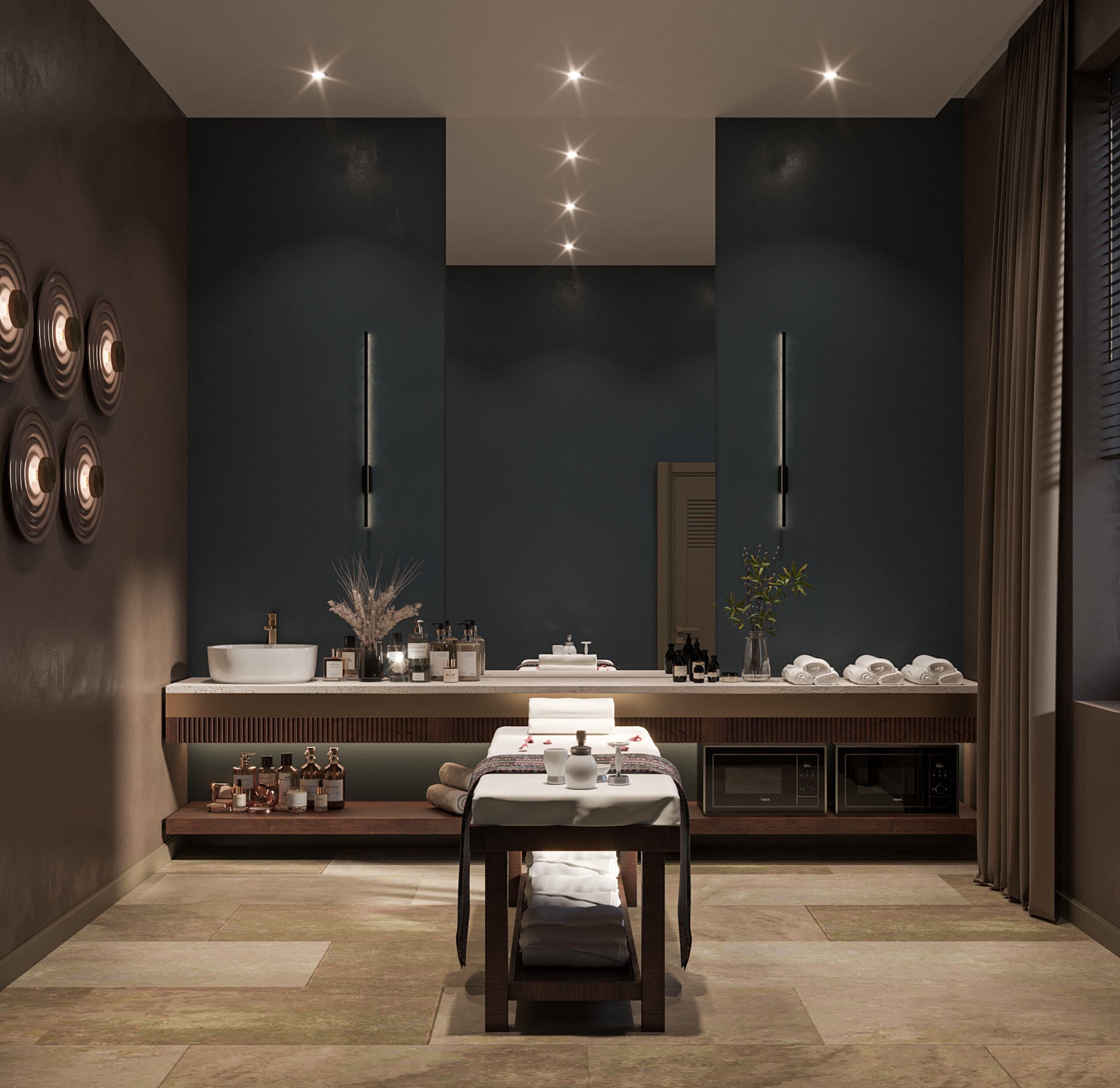 Une salle de bain moderne avec un meuble-lavabo, un miroir et des articles de toilette.