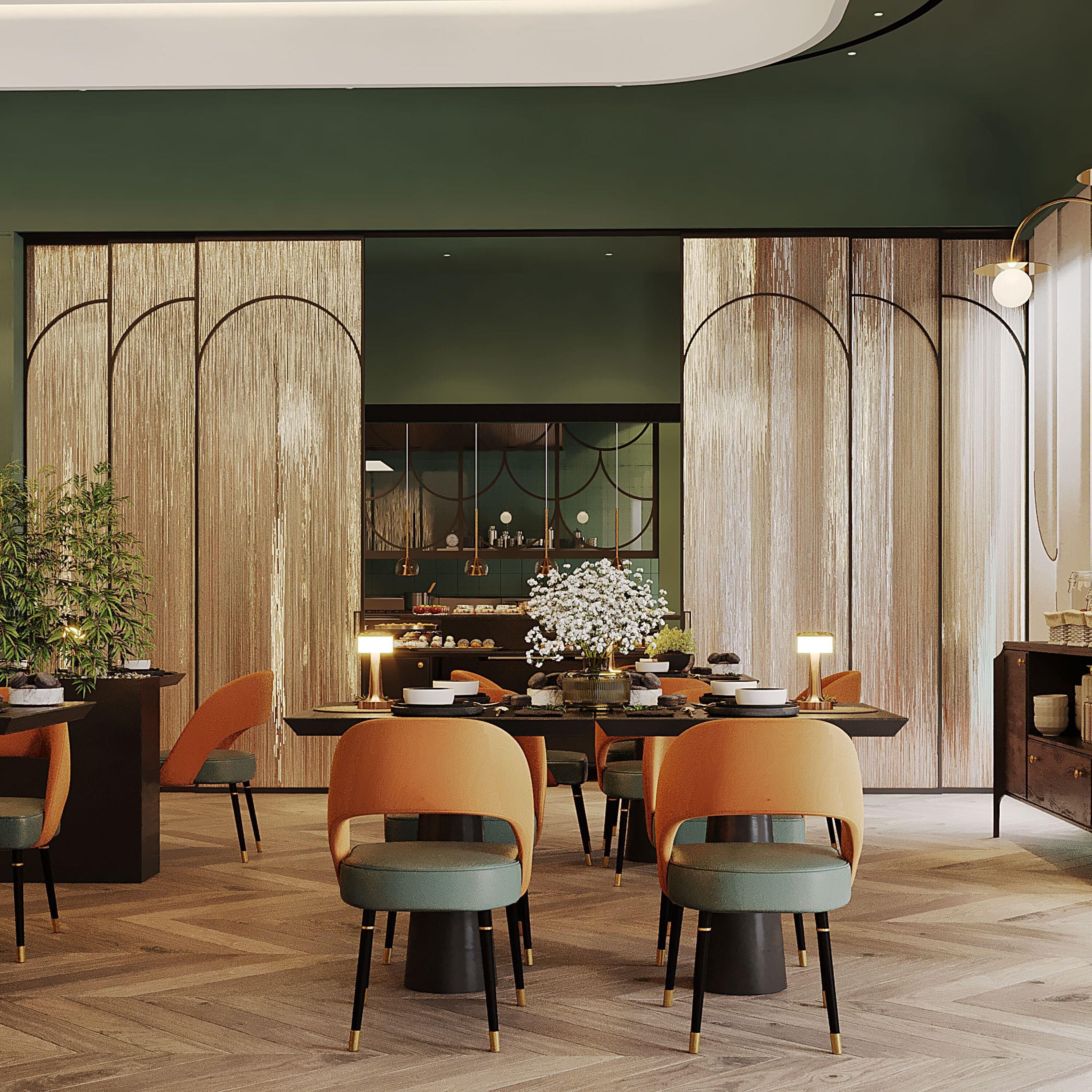 A modern dining area with a central table, chairs, and a decorative plant.