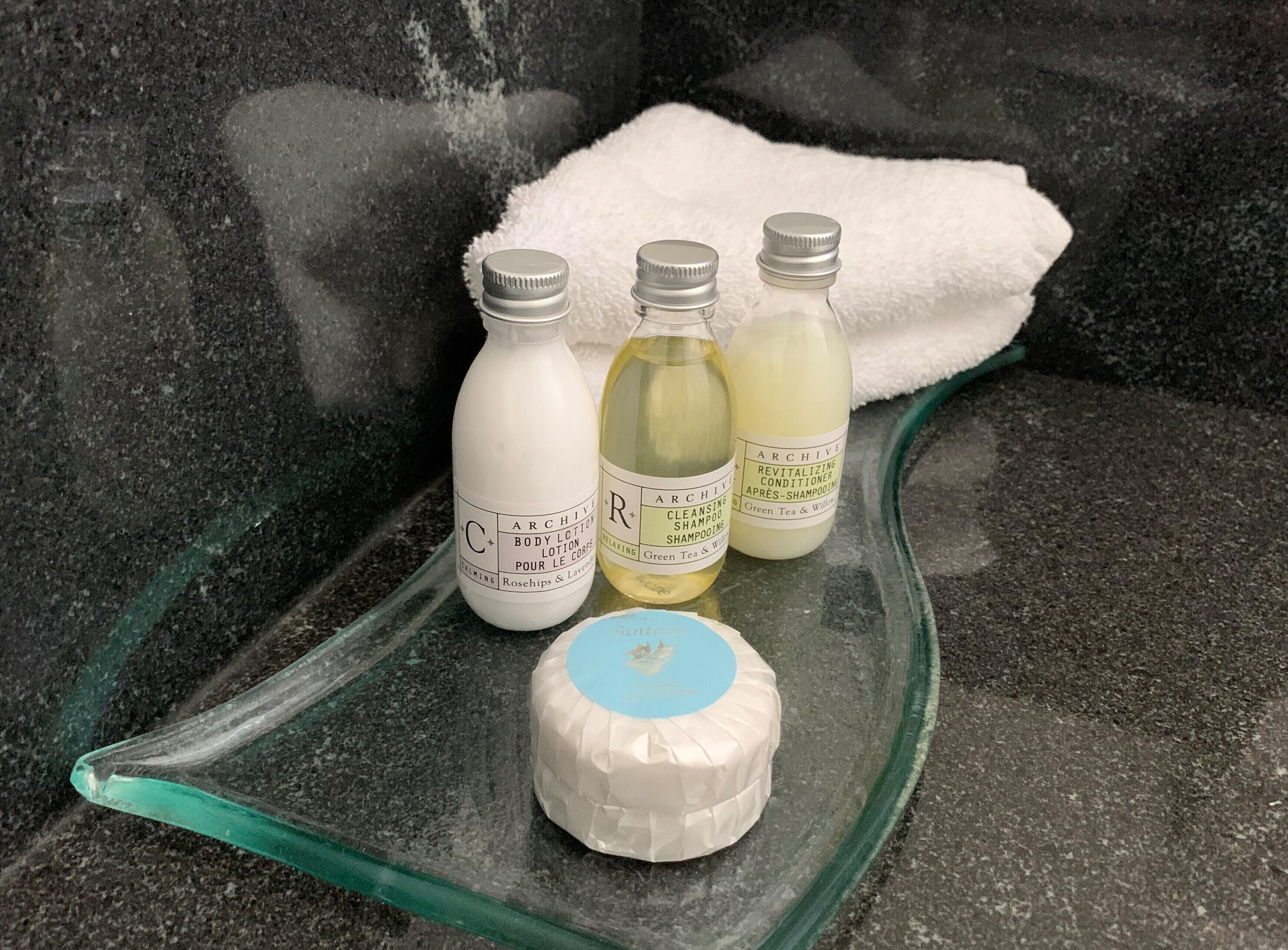 combined shower/bathtub, free toiletries, hair dryer, towels