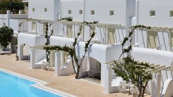 Outdoor pool, pool umbrellas, pool loungers