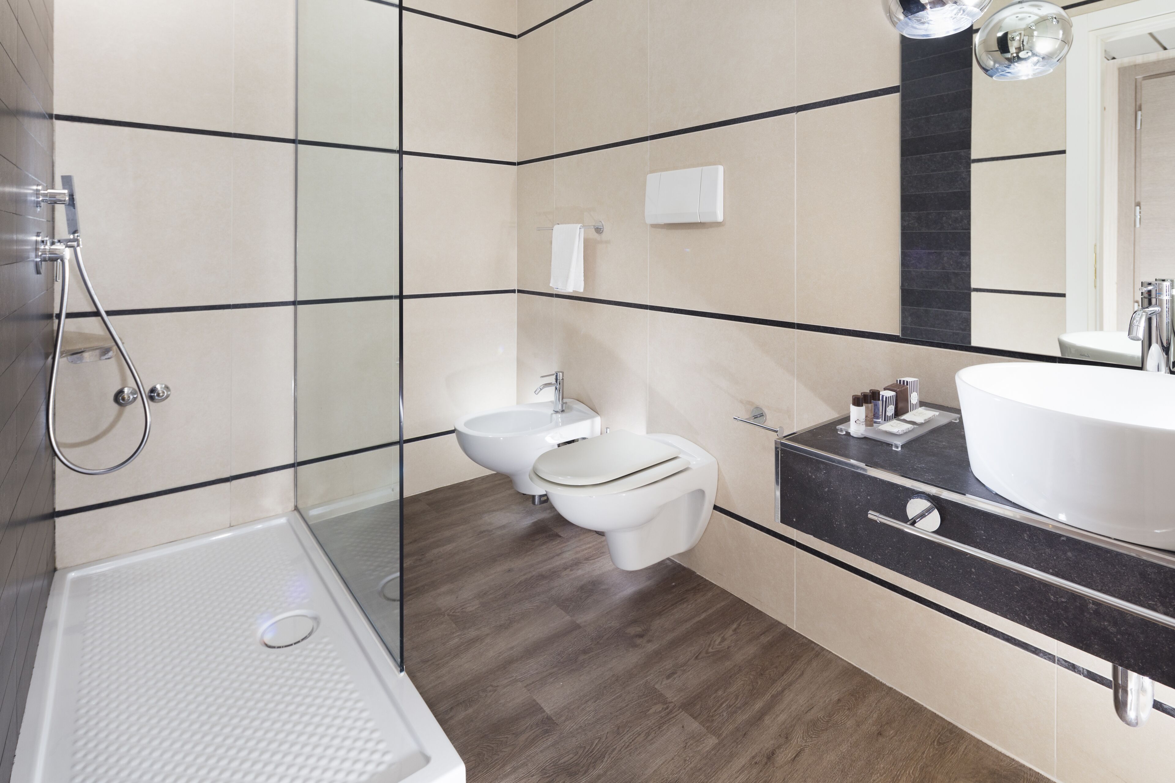 free toiletries, hair dryer, bidet, towels