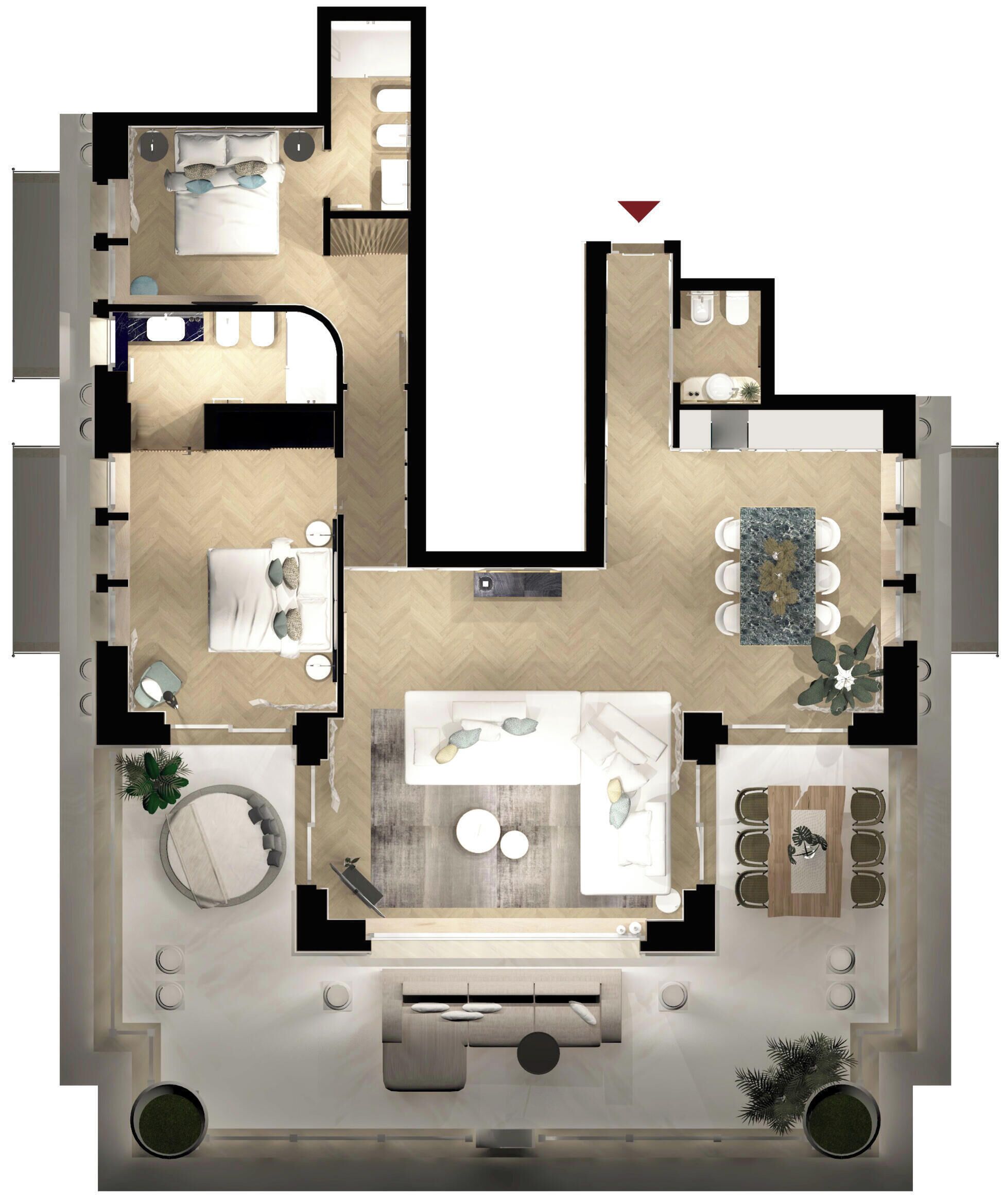 Een plattegrond van een hotelkamer met een centrale woonruimte, een eetkamer, een keuken, een badkamer en een klein balkon.