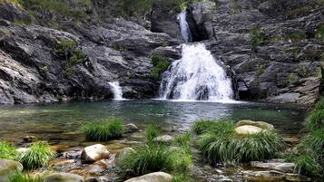 A natural waterfall in a rocky terrain with clear water and surrounding greenery.