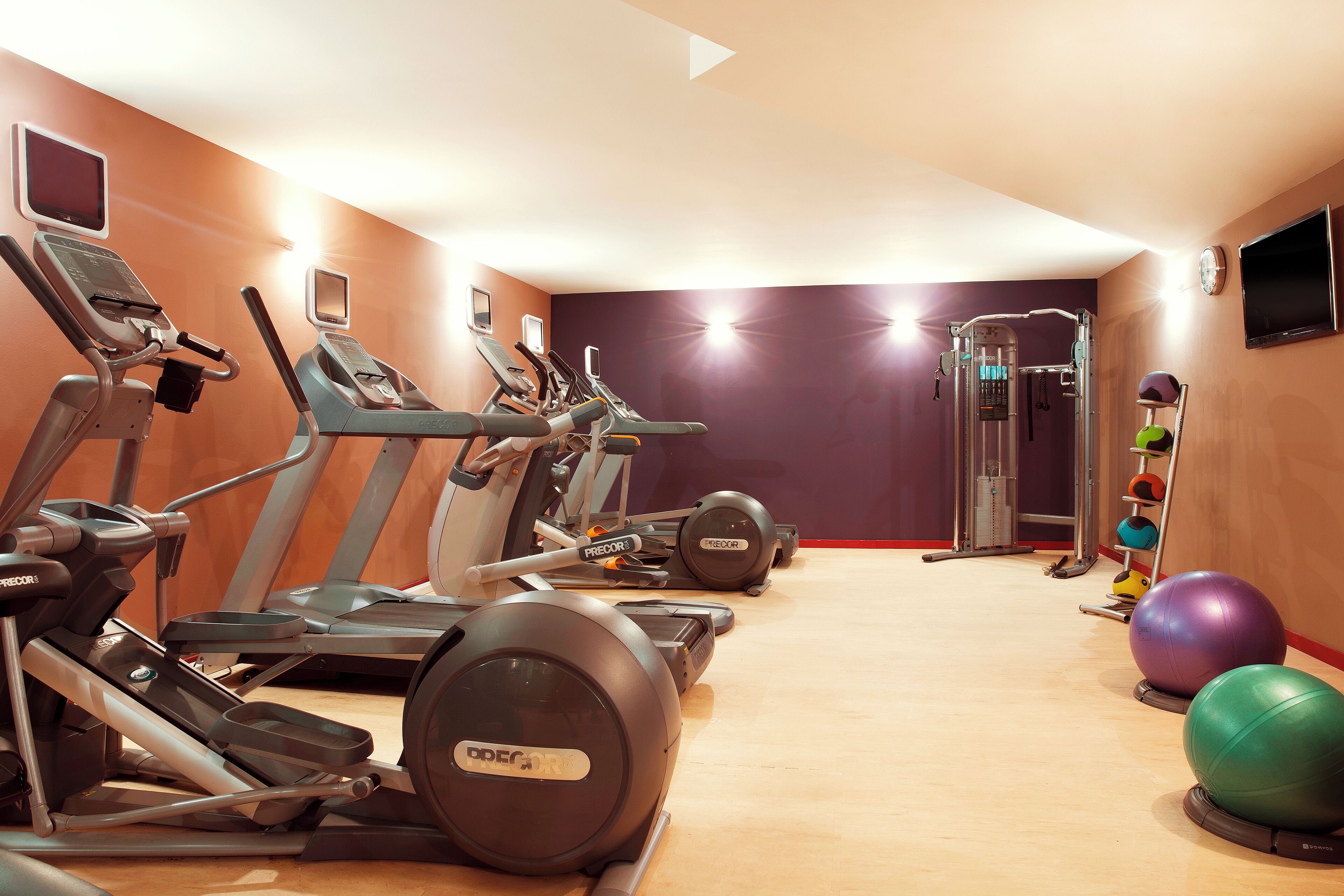 Un gimnasio con cintas de correr, elípticas, máquinas de pesas y pelotas de ejercicio.