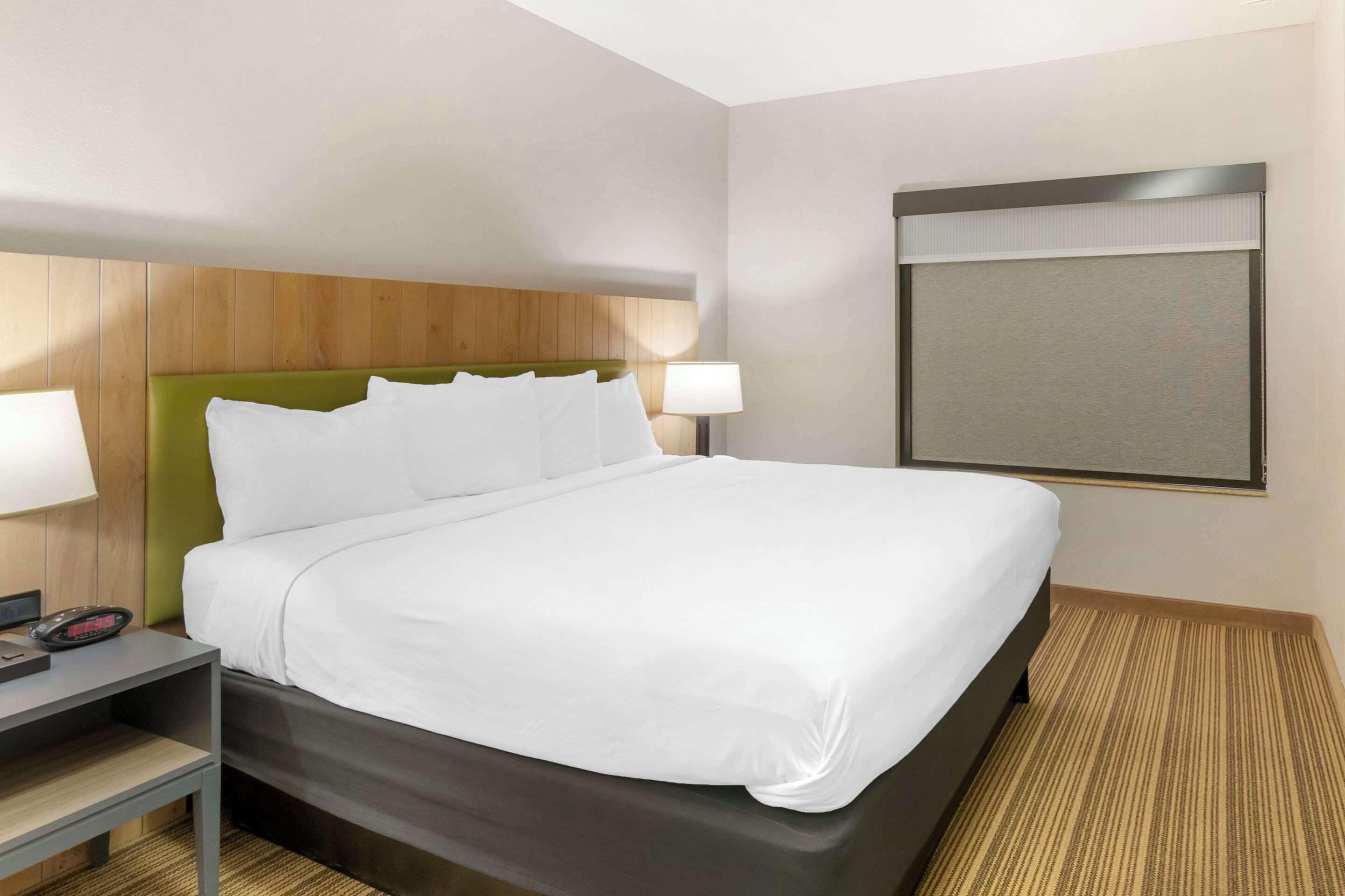 Una habitación de hotel con una cama, mesitas de noche y una ventana con persiana.
