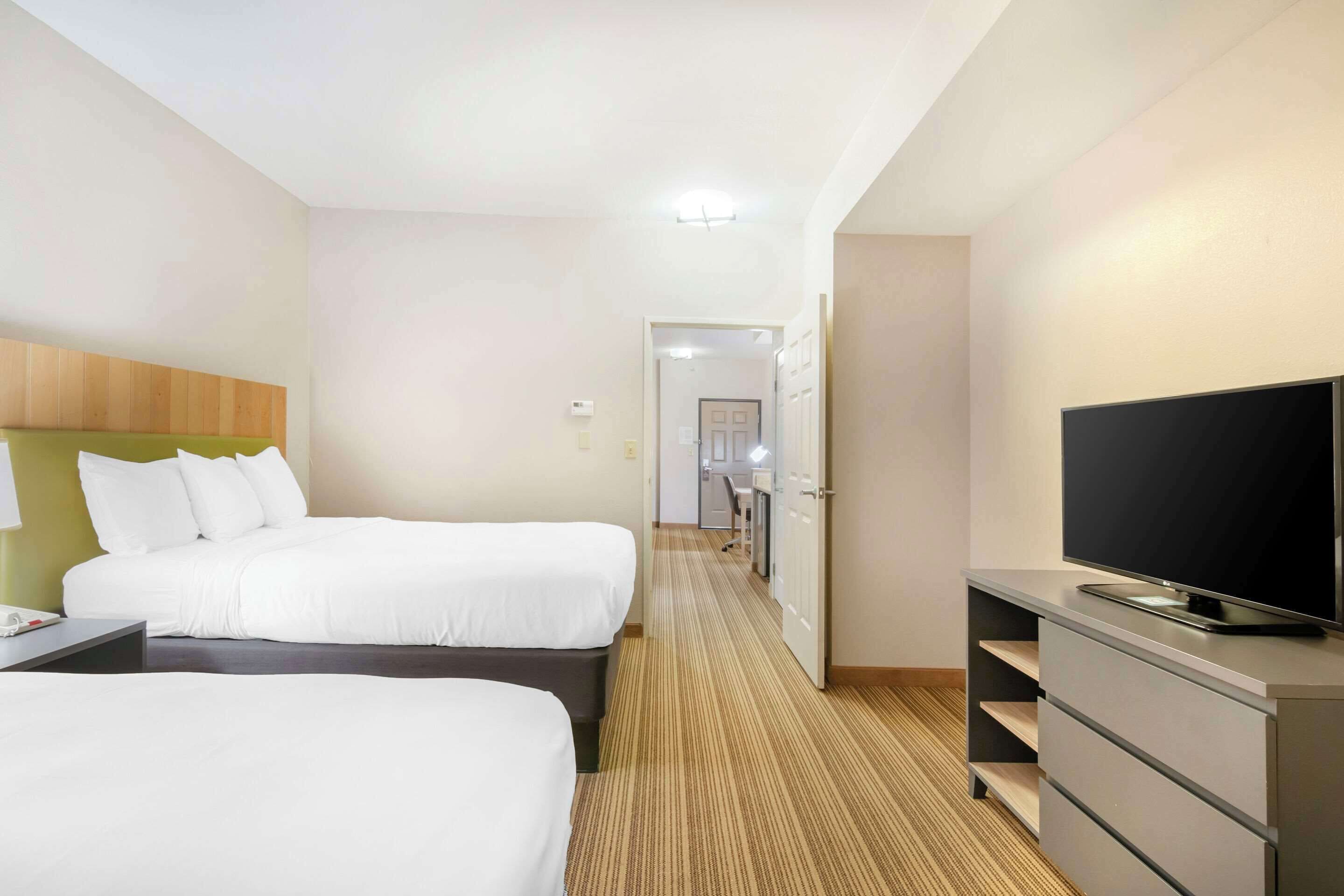 A hotel room with two beds, a TV on a dresser, and a carpeted floor.
