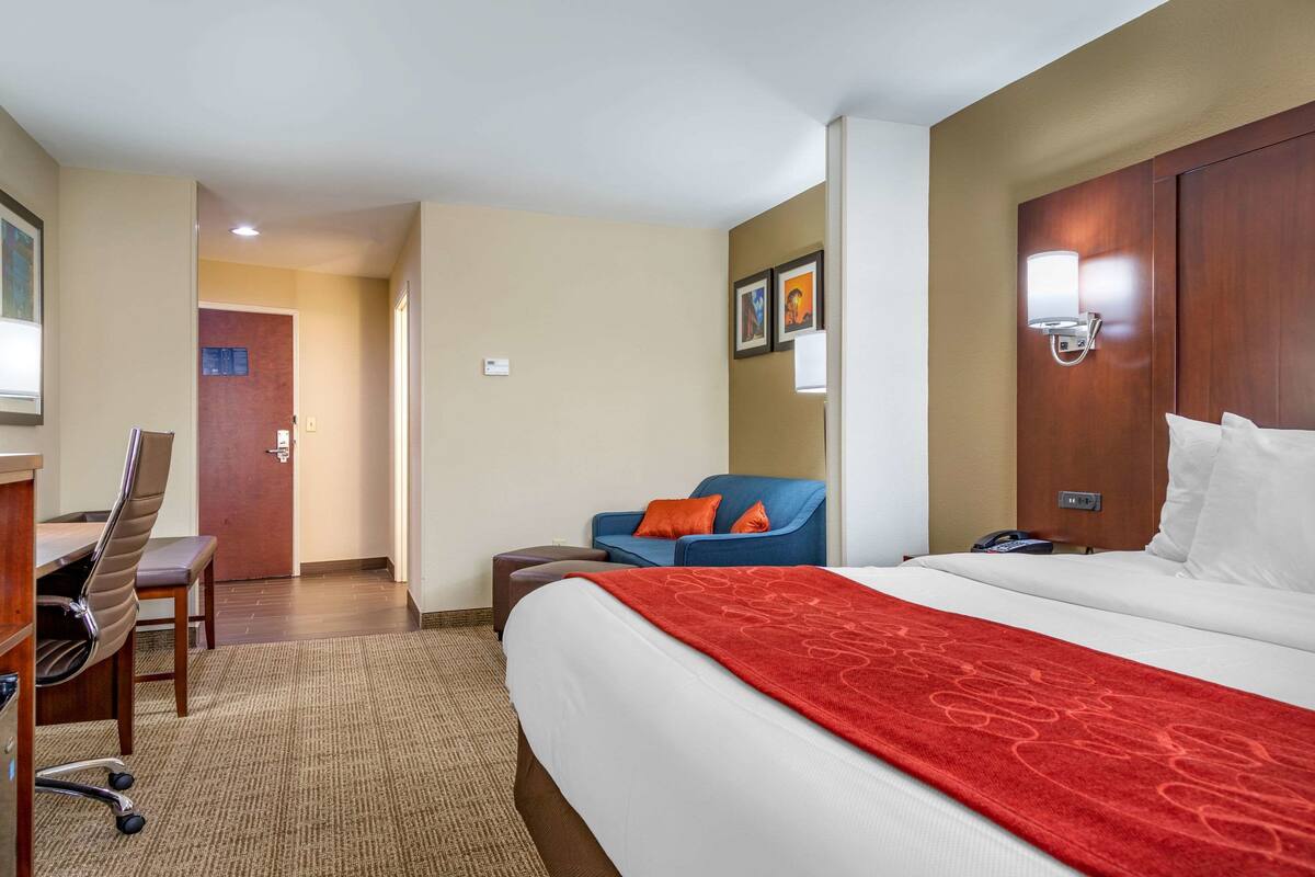 A hotel room with a bed, a desk, a chair, a blue armchair, and a red throw blanket.
