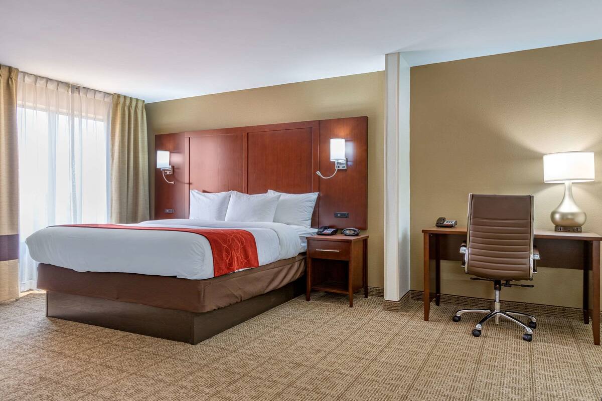 A hotel room with a large bed, a desk with a chair, a nightstand, and a lamp.