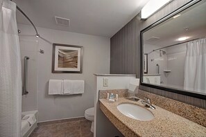 Combined shower/tub, free toiletries, hair dryer, towels