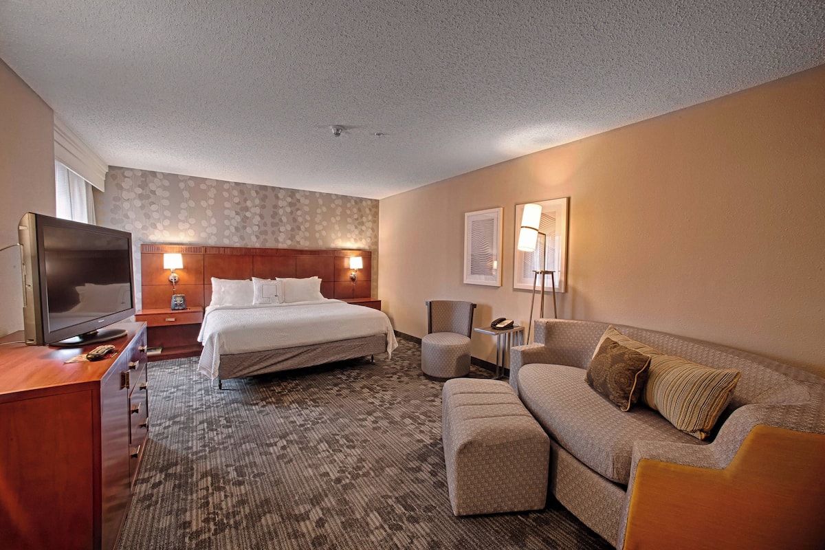 Une chambre d’hôtel équipée d’un lit, d’une télévision, d’un canapé, d’un bureau et d’une chaise.