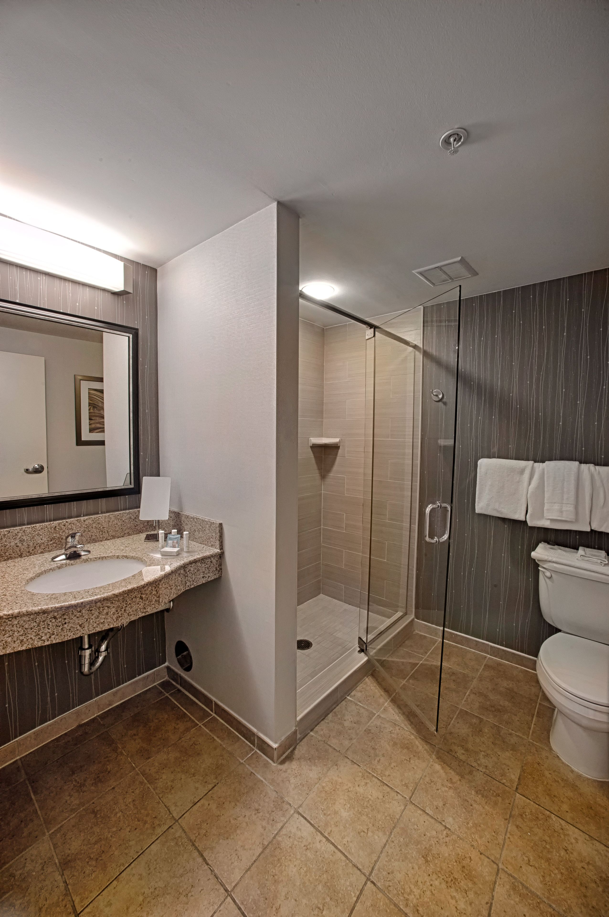 combined shower/bathtub, free toiletries, hair dryer, towels