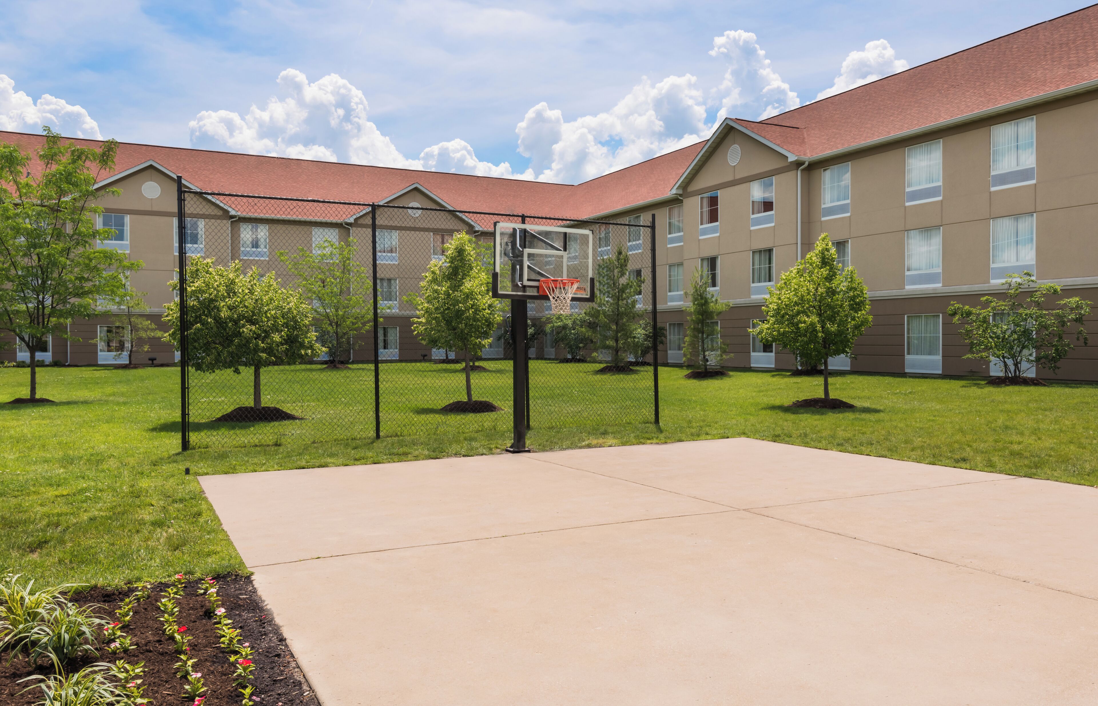 Ein Innenhof mit Basketballplatz, umgeben von Bäumen und einem Gebäude mit vielen Fenstern.