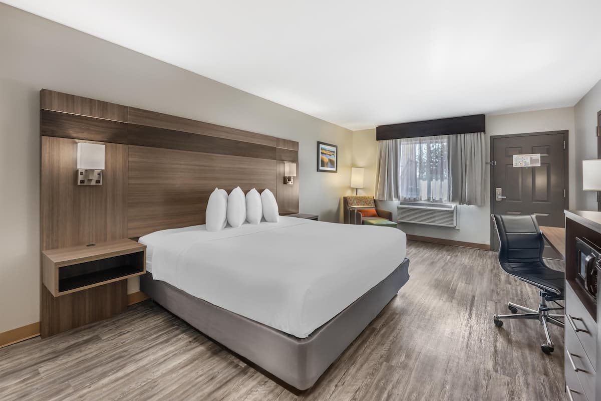 A hotel room with a large bed, a desk, a chair, a window with curtains, and a door.