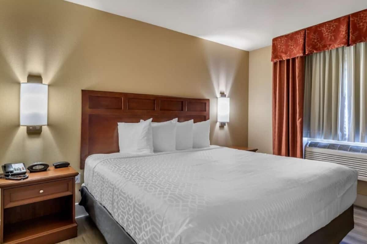 A hotel room with a large bed, a wooden headboard, bedside lamps, a telephone, and a window with curtains.