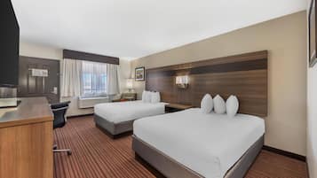 Premium bedding, desk, laptop workspace, iron/ironing board