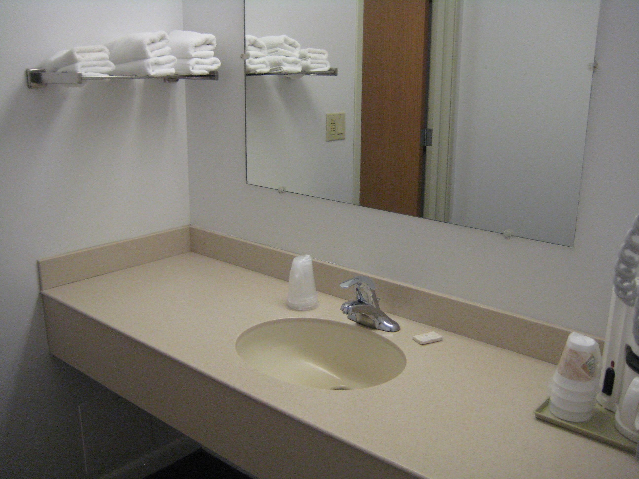 A hotel bathroom with a sink, mirror, towel rack, and toiletries.