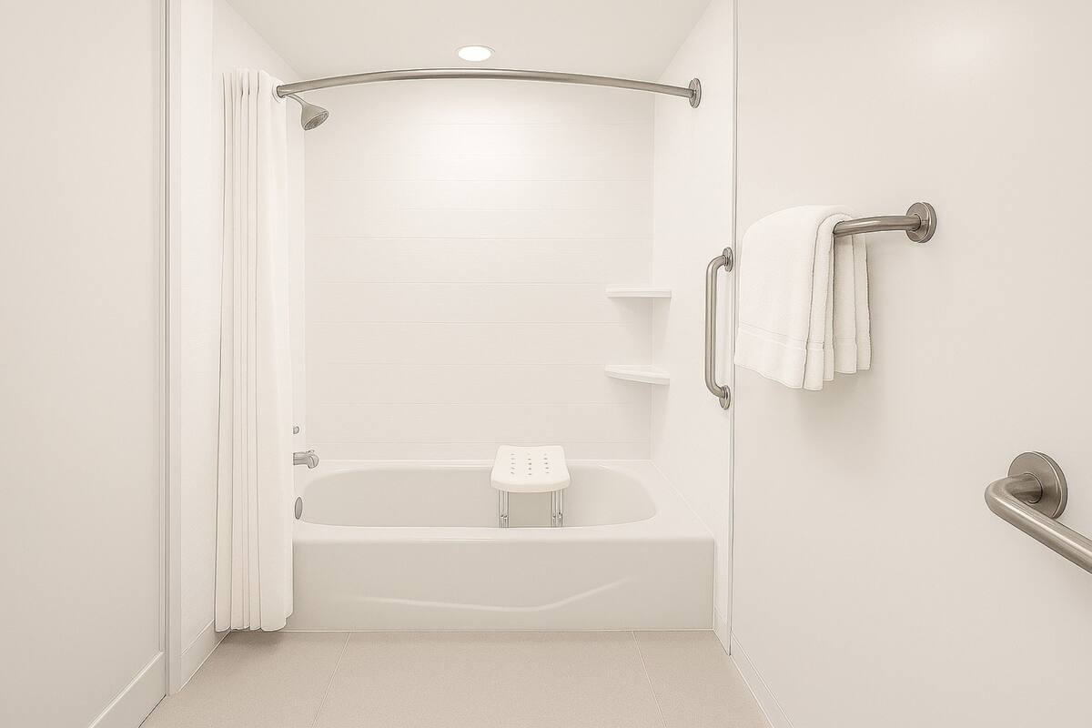 A modern bathroom with a walk-in shower, a bathtub, and a grab bar.