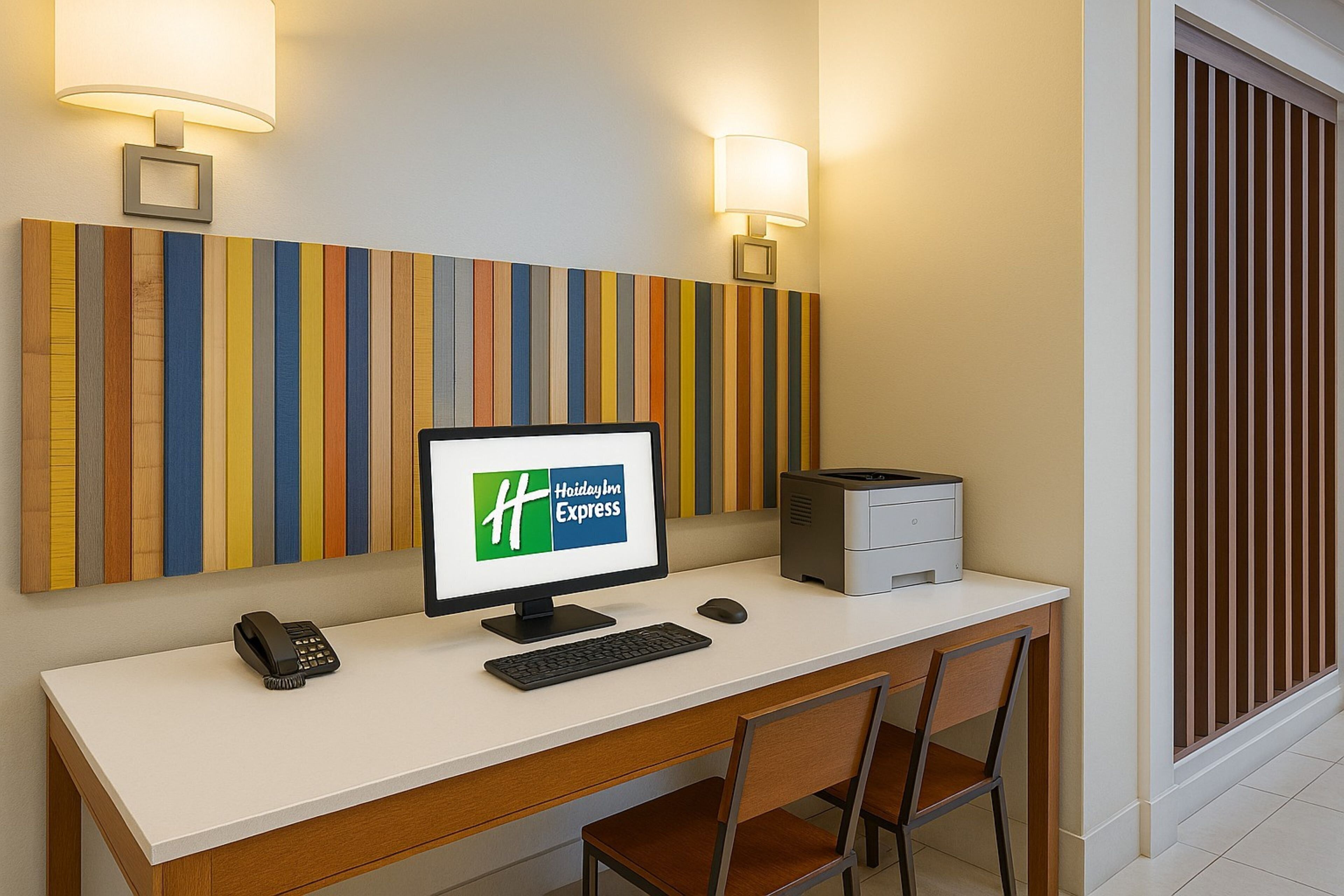 A hotel desk with a computer, a phone, and a printer.