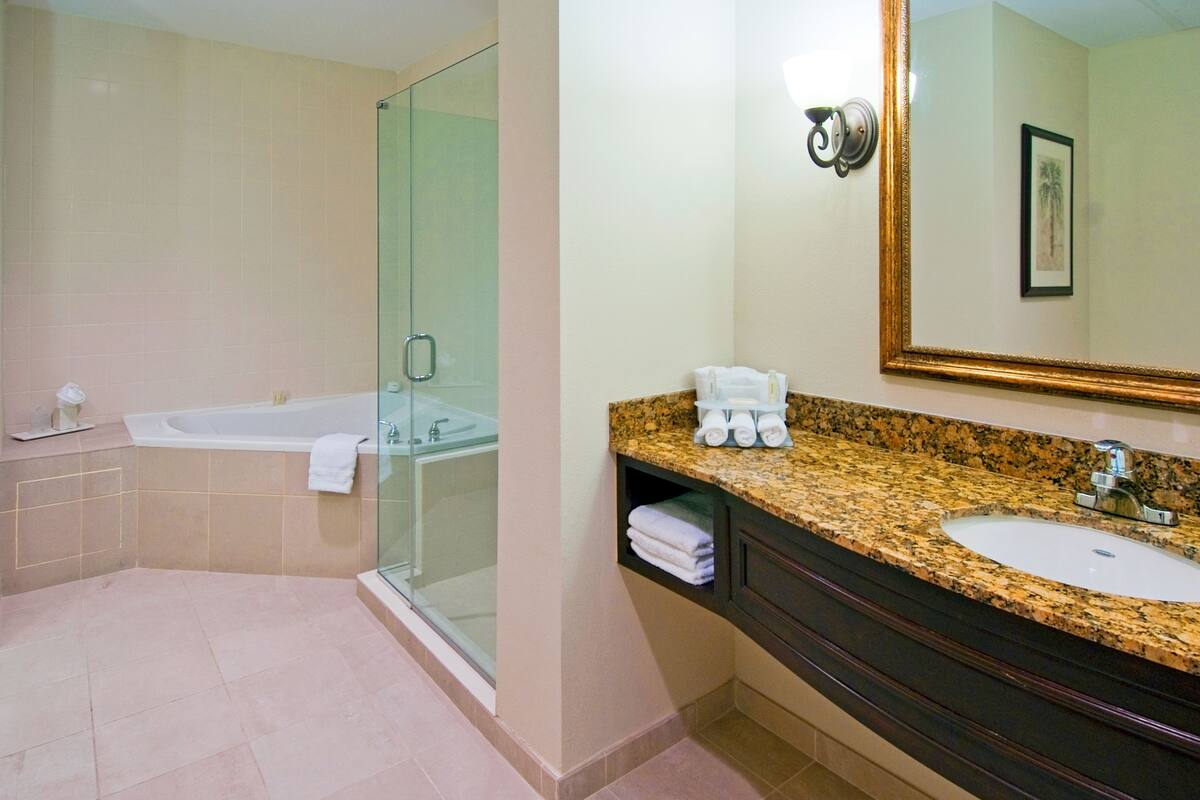A modern bathroom with a glass-enclosed shower, a bathtub, a granite countertop sink, and a large mirror.